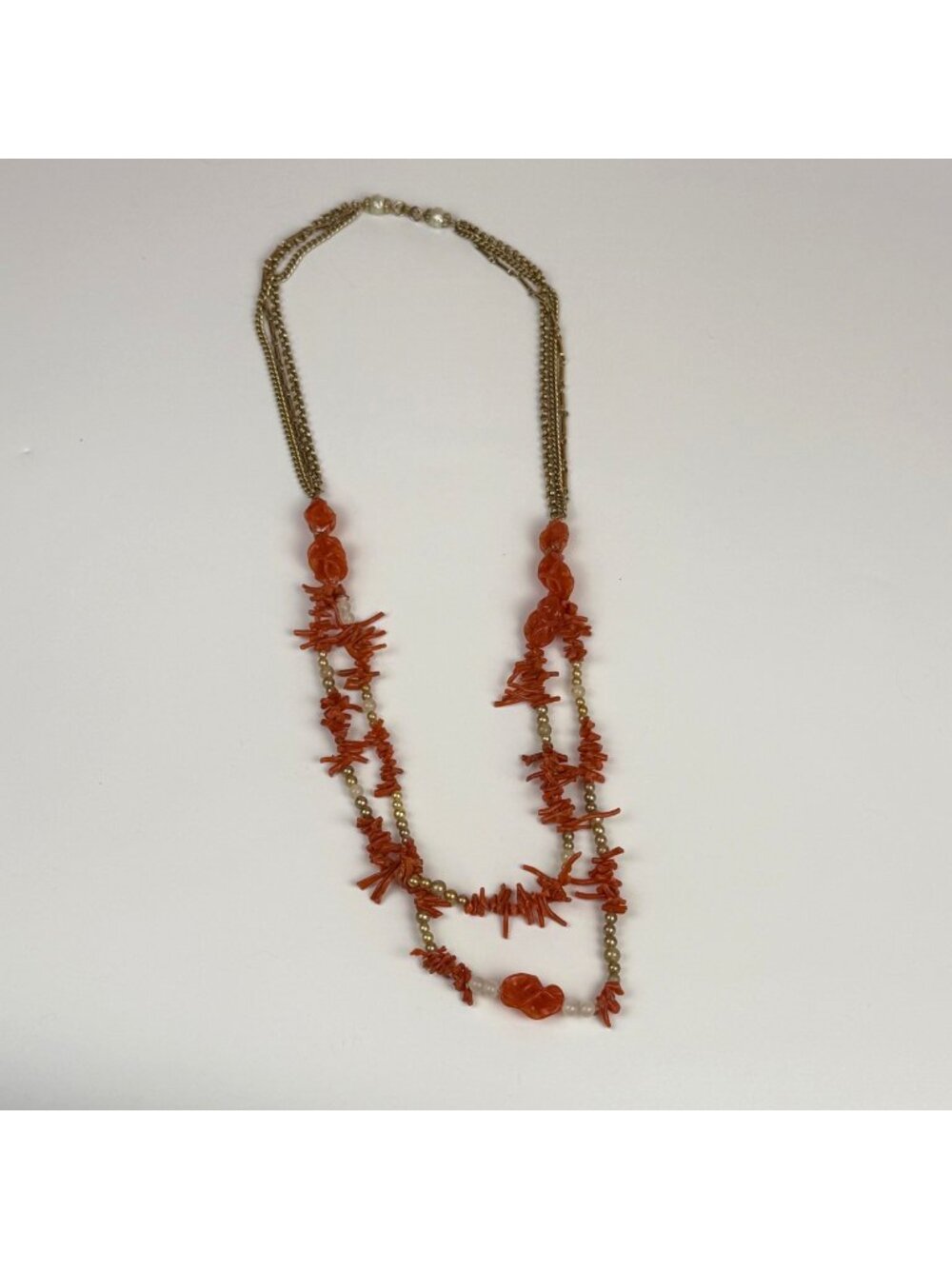Vintage Faux-Coral & Gold-Tone Multi-Strand Long Necklace Faux-Pearl Accents 36"